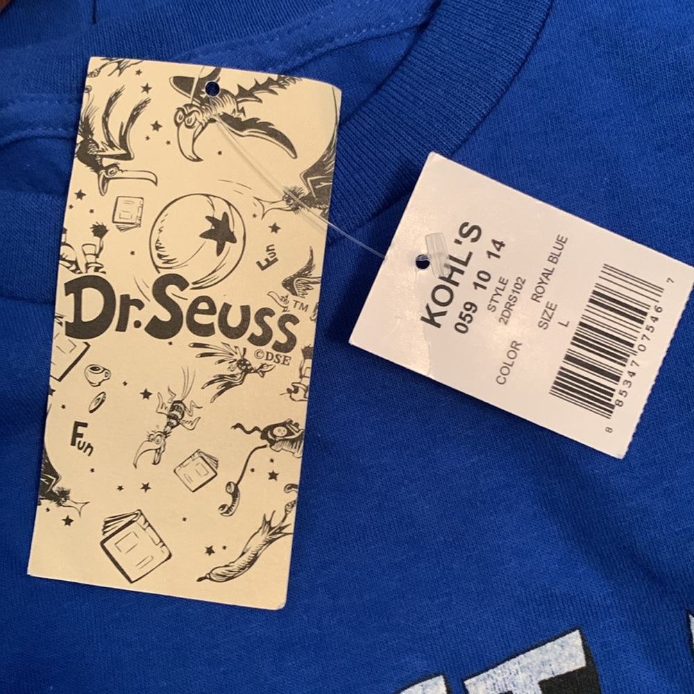 New with tags blue short sleeve t-shirt shirt Men’s size large Dr. Seuss cat hat - Picture 8 of 10